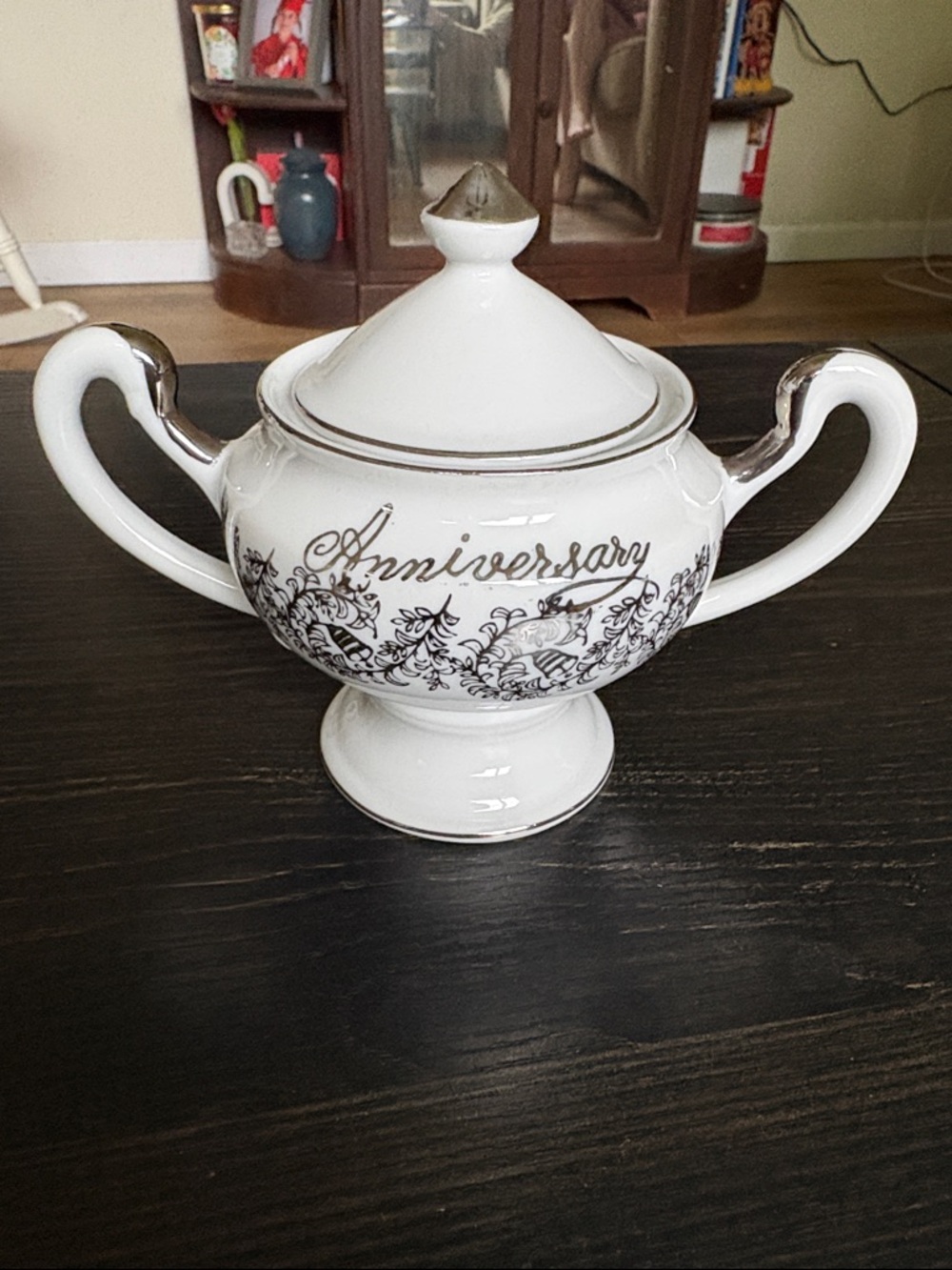 25th Anniversary Ceramic Sugar Bowl with Lid - White with Silver Trim